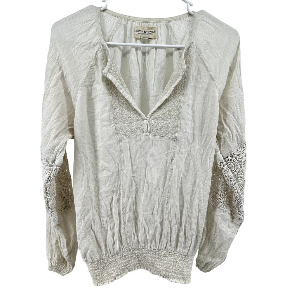 Denim & Supply Ralph Lauren Blouse Top Smocked Hem Eyelet V Neck Boho White S